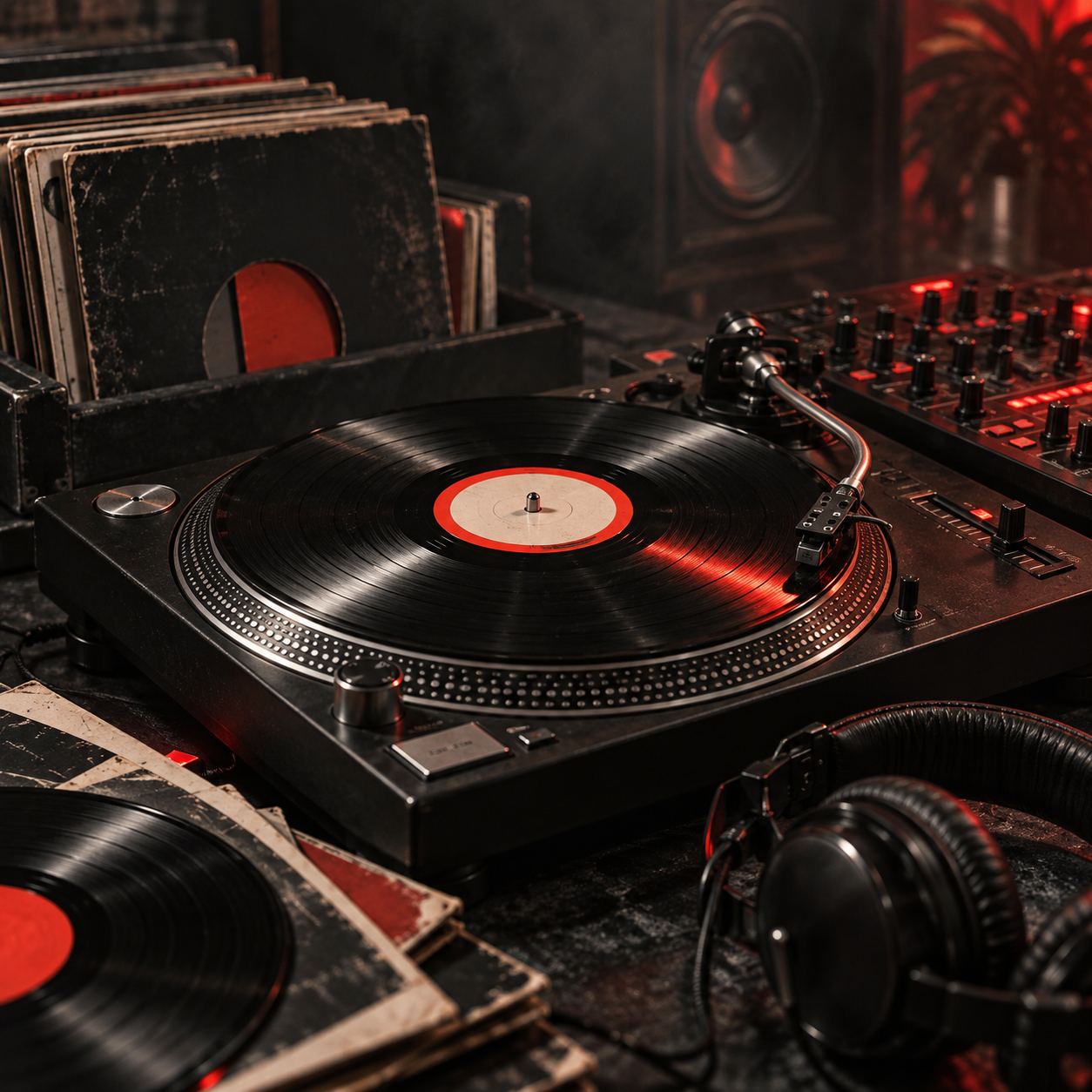 Turntables, mixer, headphones and vinyl in a moody red-lit DJ booth